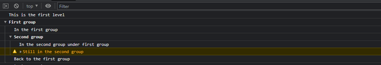 Output of console group and groupEnd methods in JavaScript