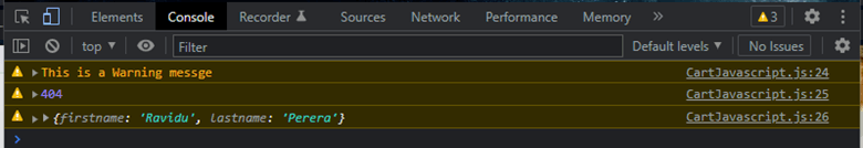 Output of console warn method in JavaScript