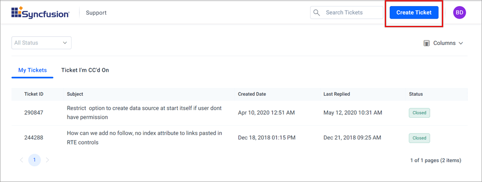 Click on the Create Ticket option