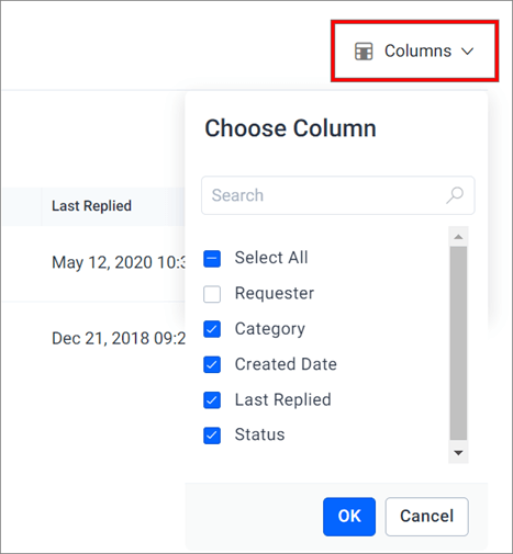 Columns dropdown