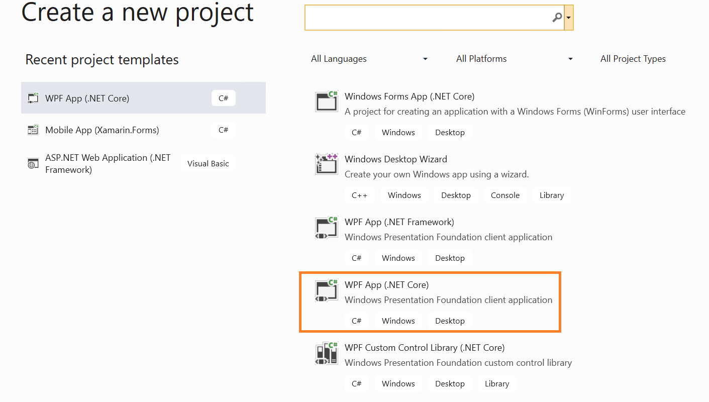 Create a new project dialog