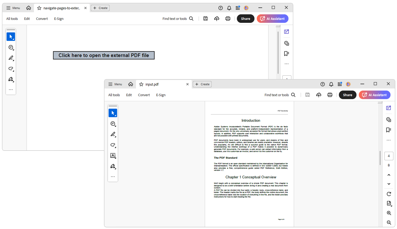 Navigate specific pages in an external PDF file