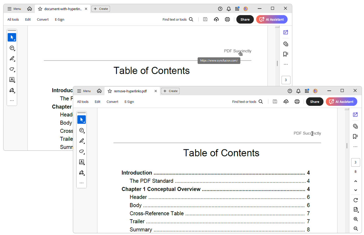 Removed hyperlinks from a PDF document