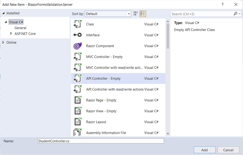 Add New Item dialog