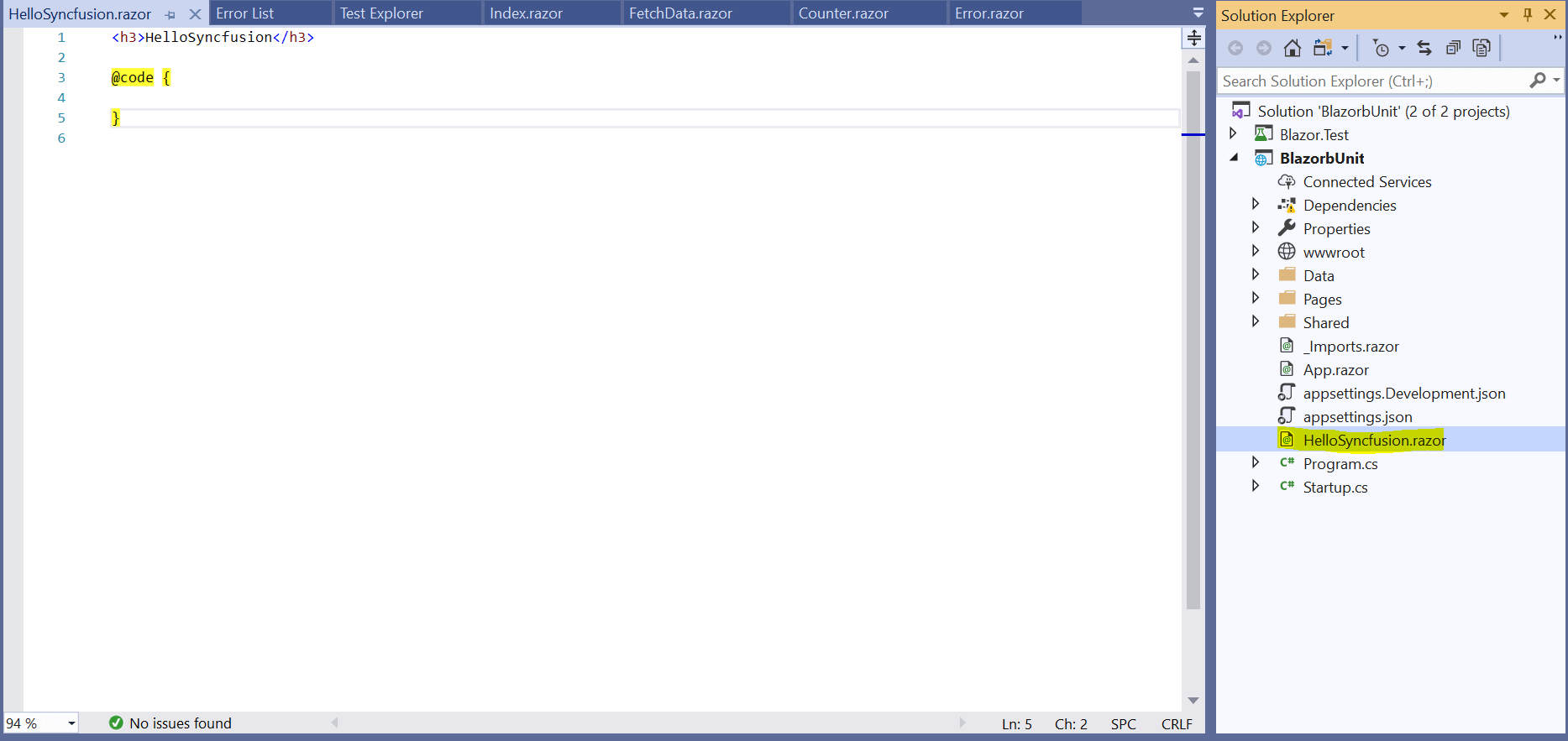 Add a Razor component to the Blazor project