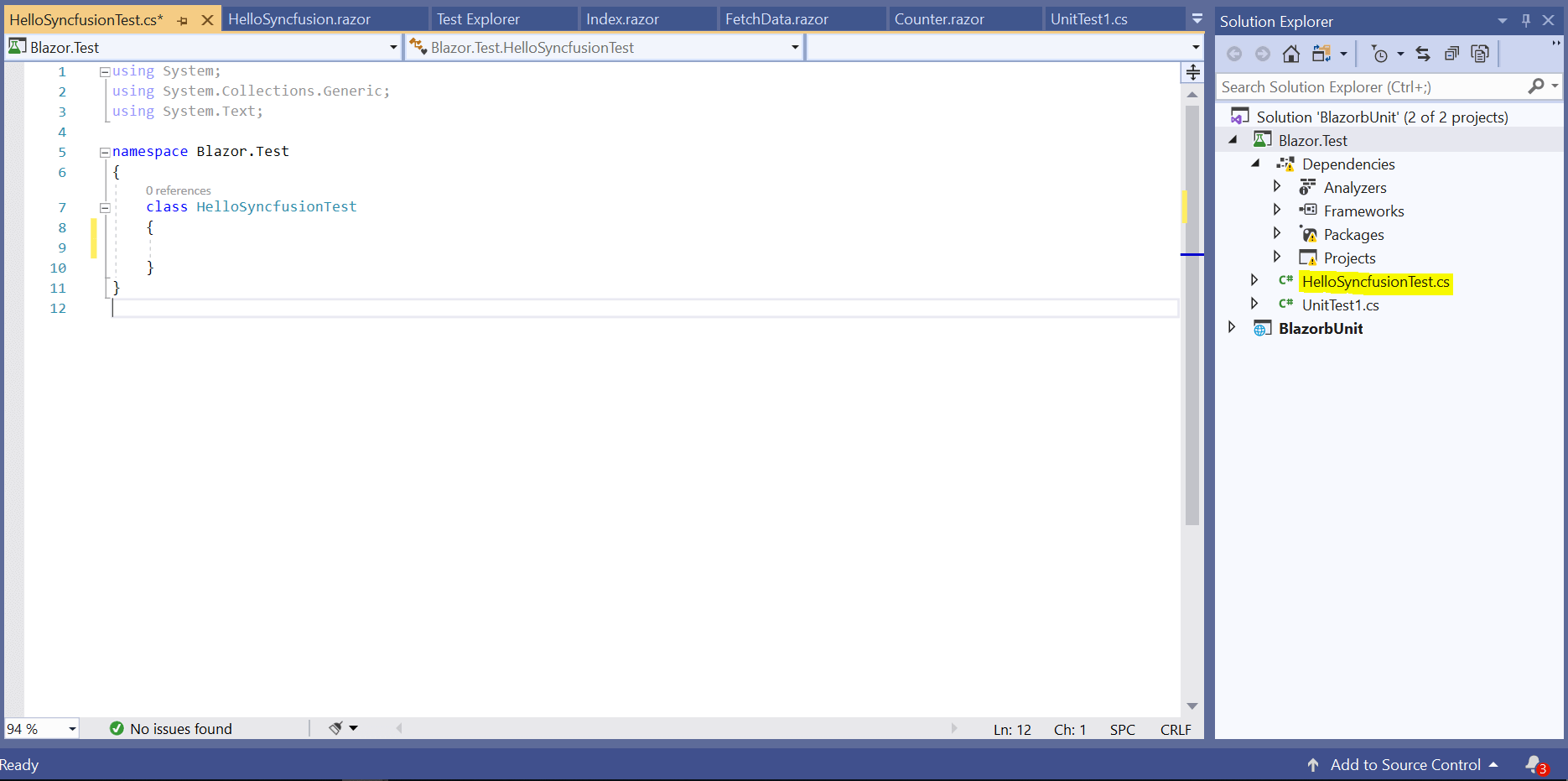 Add a test class file in the test project