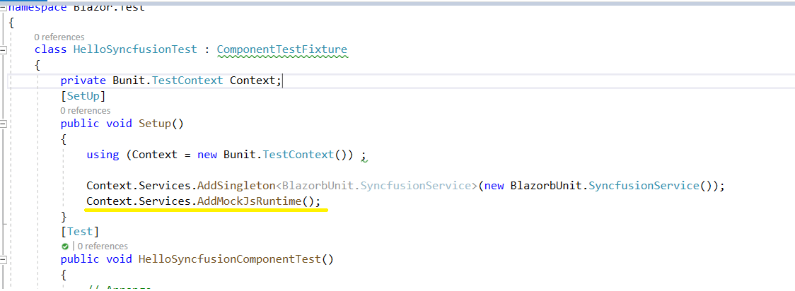Add Context.Services.AddMockJsRuntime(); into the setup method to mock IJSRuntime