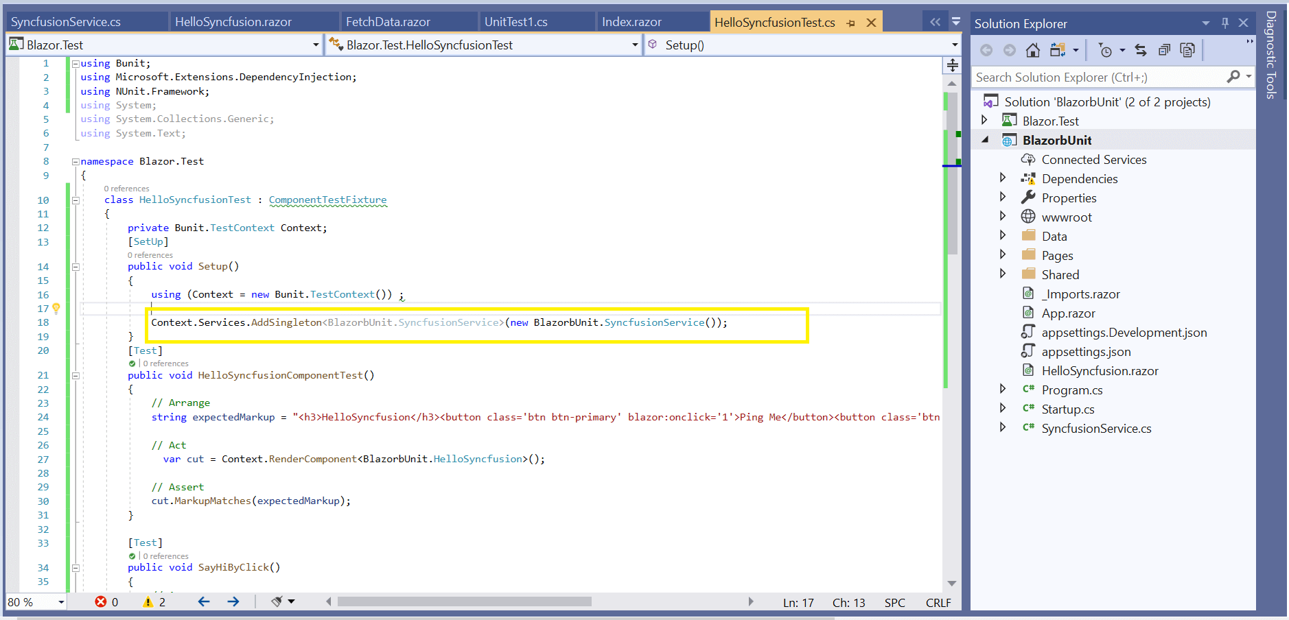 Code to inject SyncfusionService in the test method