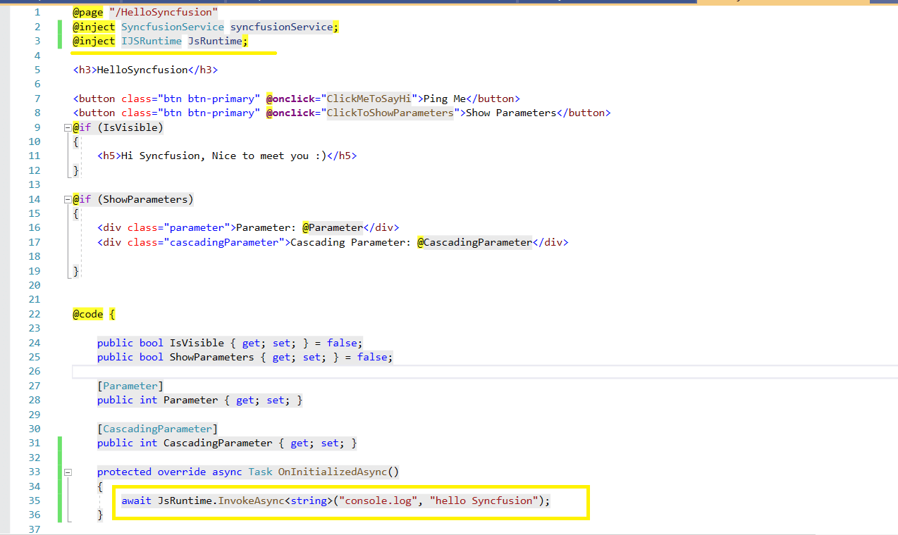 Code to use IJSRuntime in the HelloSyncfusion.razor component