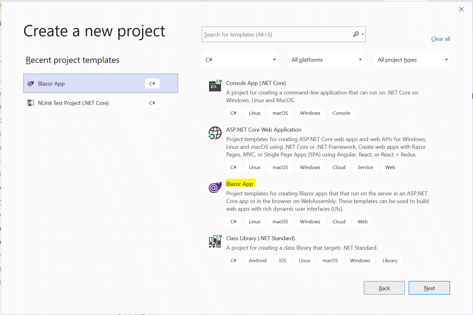 Create a New Project Dialog Box