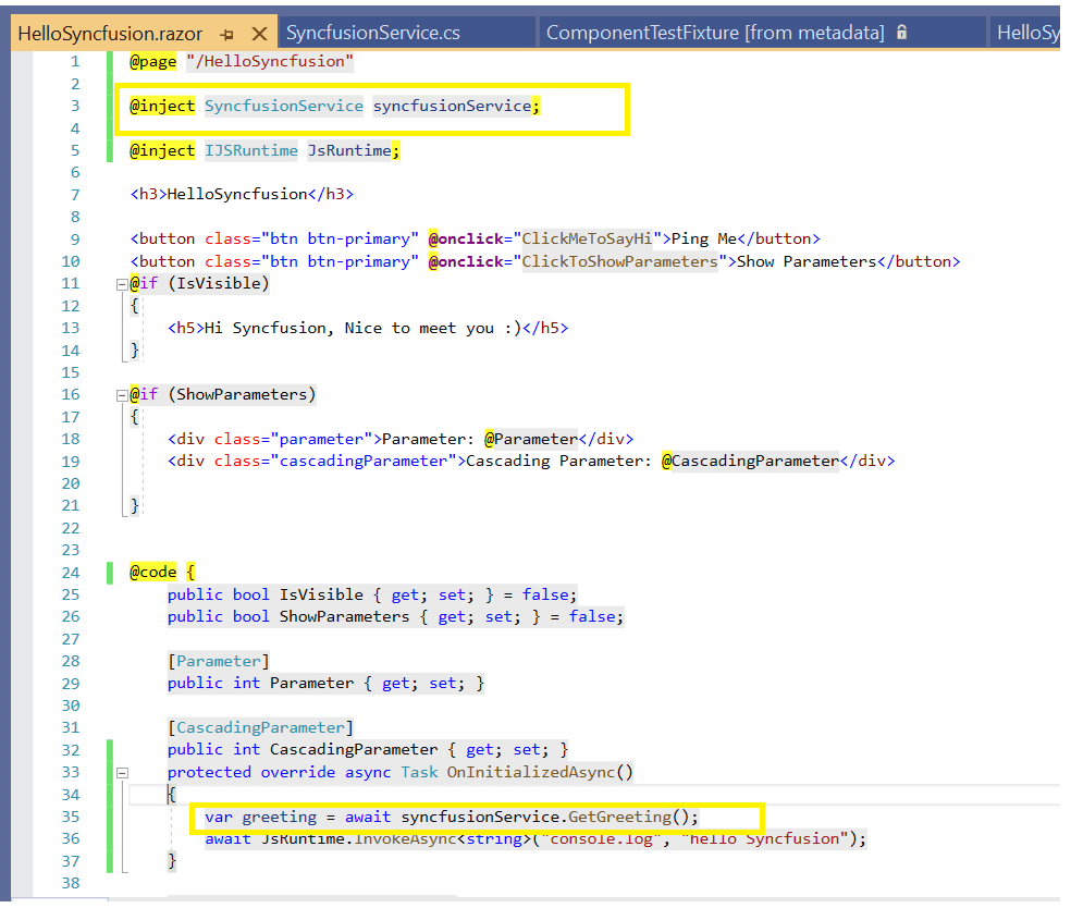 Resultant Code after injecting SyncfusionService into Blazor component