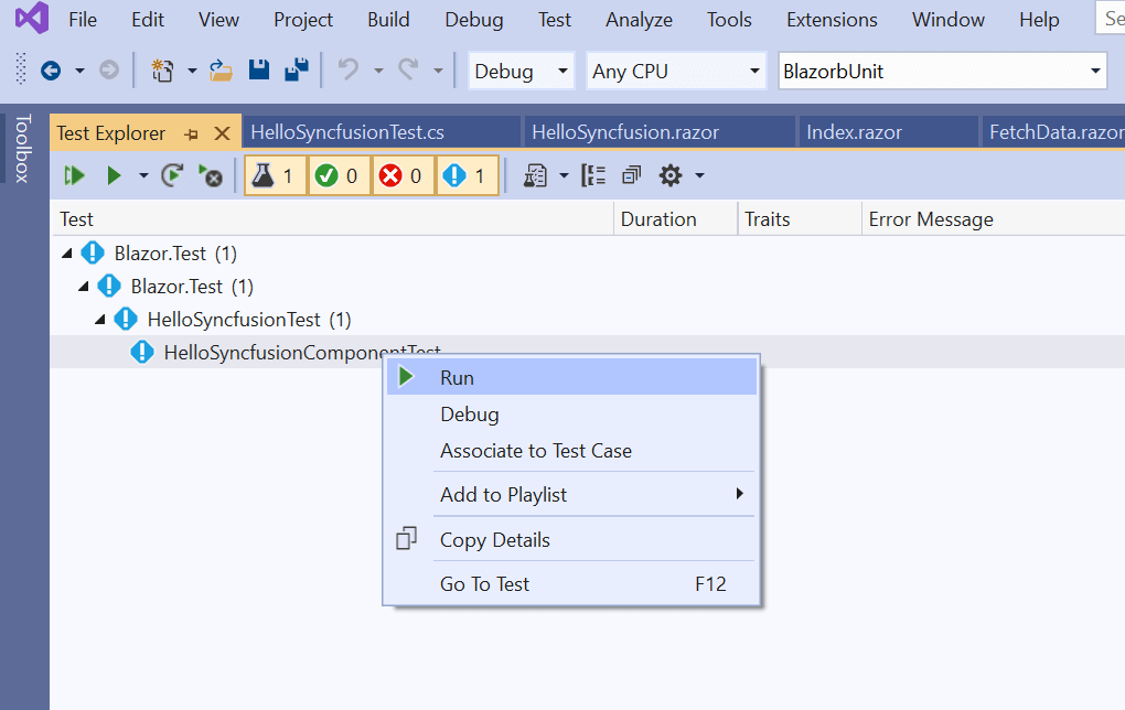 Right-click the HelloSyncfusionComponentTest method, and then click Run