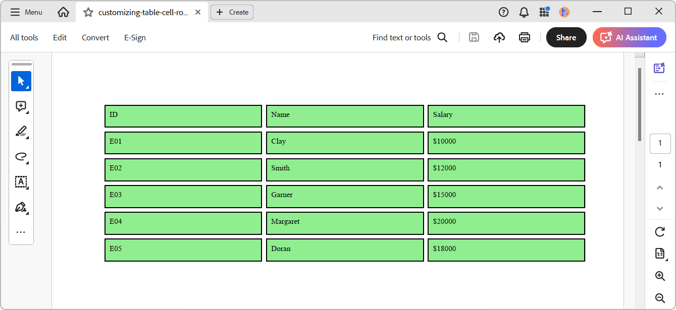 Customizing a table in a PDF using the .NET PDF Library