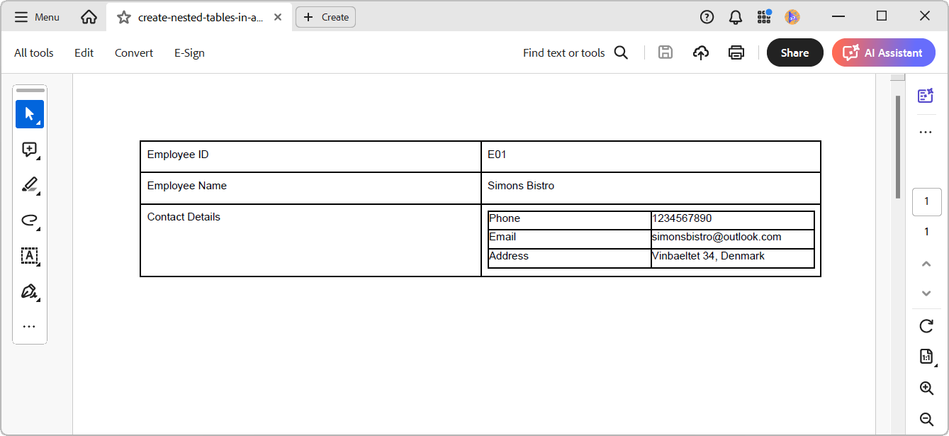 Creating nested tables
