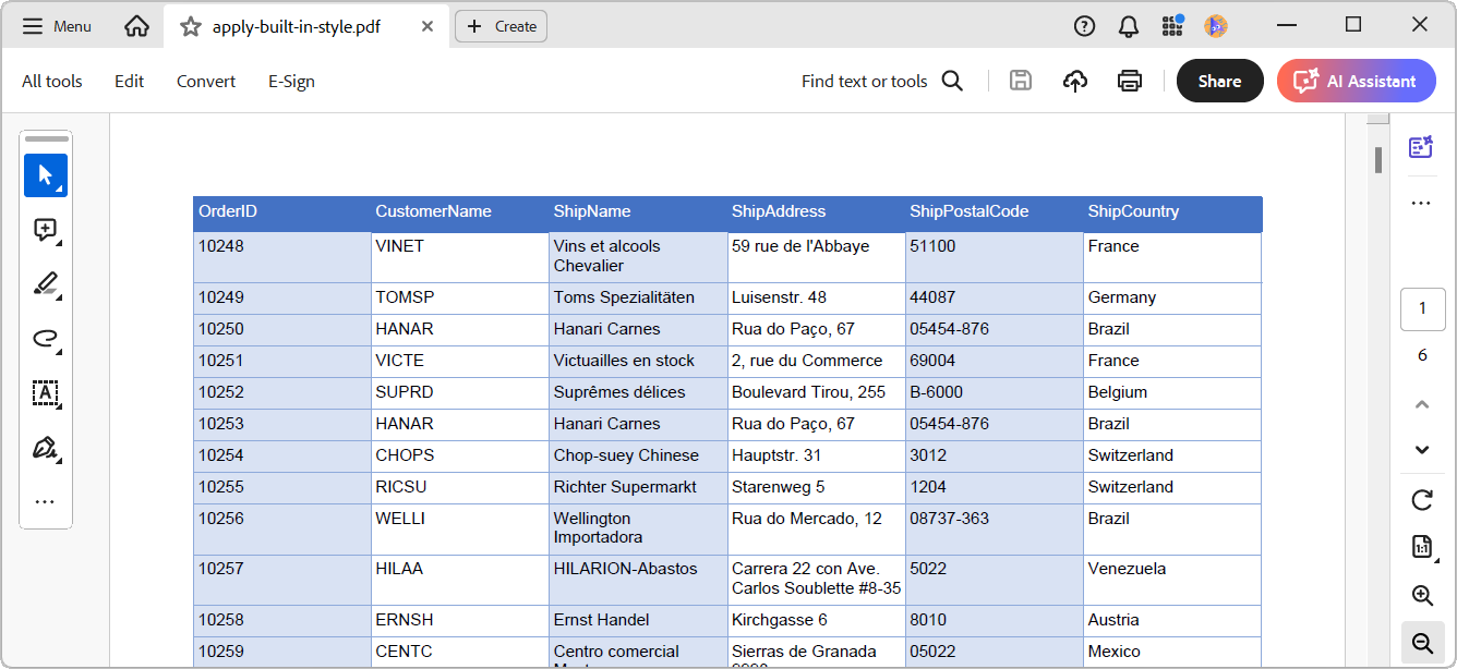 Customizing built-in styles in a PDF table using the .NET PDF Library