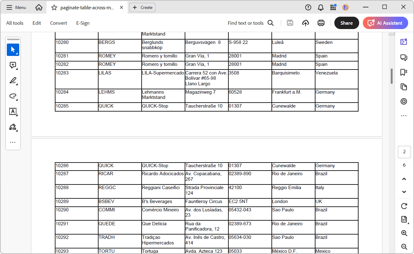 Paginating table rows in a PDF Using the .NET PDF Library