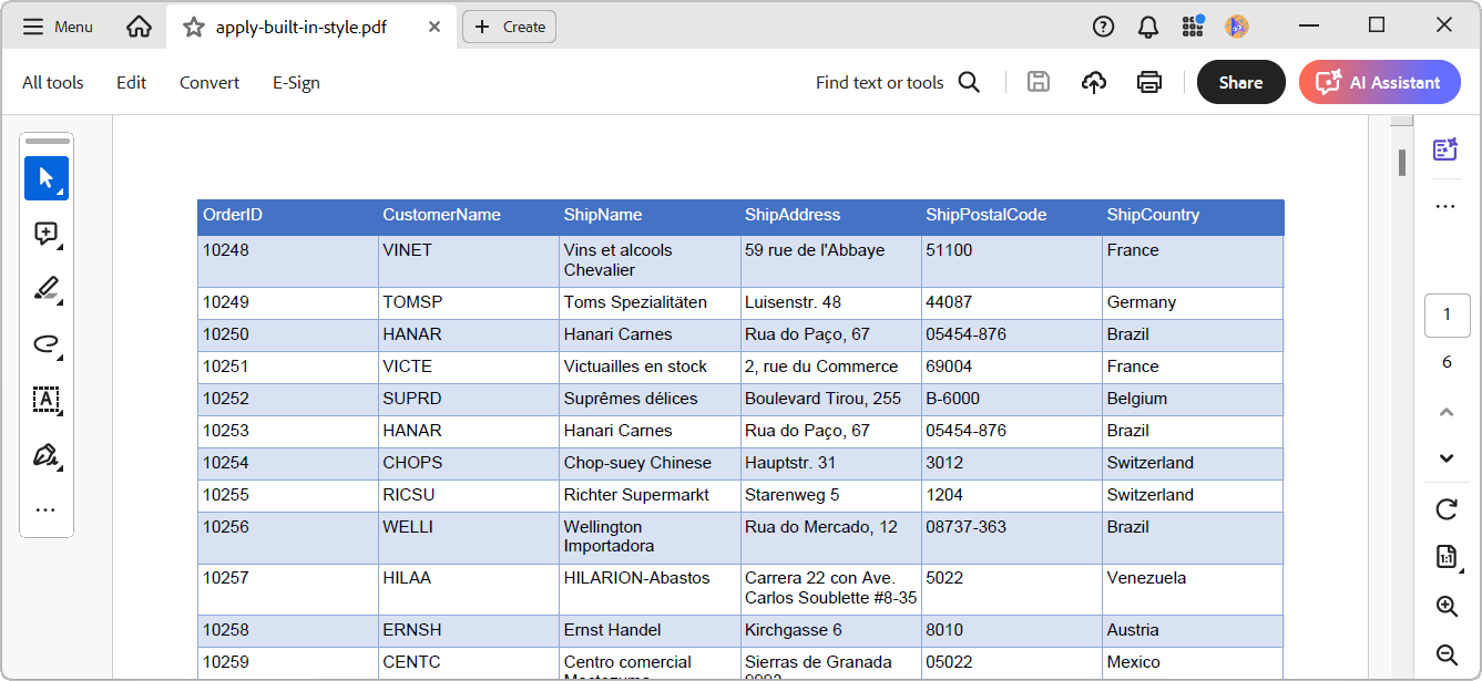 Applying built-in styles to a PDF table using the .NET PDF Library