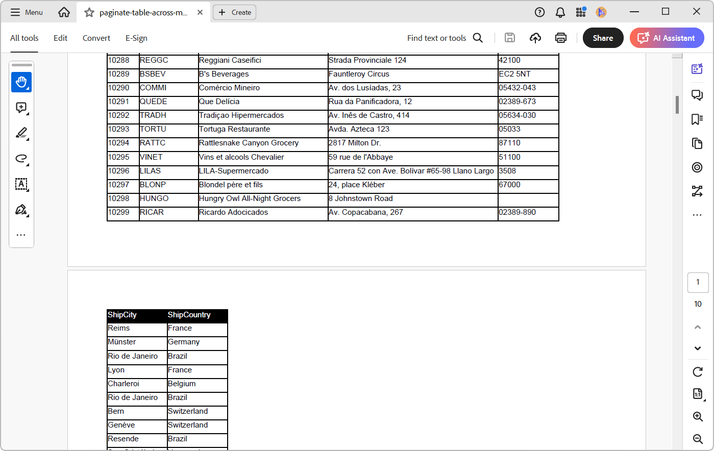 Paginating table columns in a PDF using the .NET PDF Library