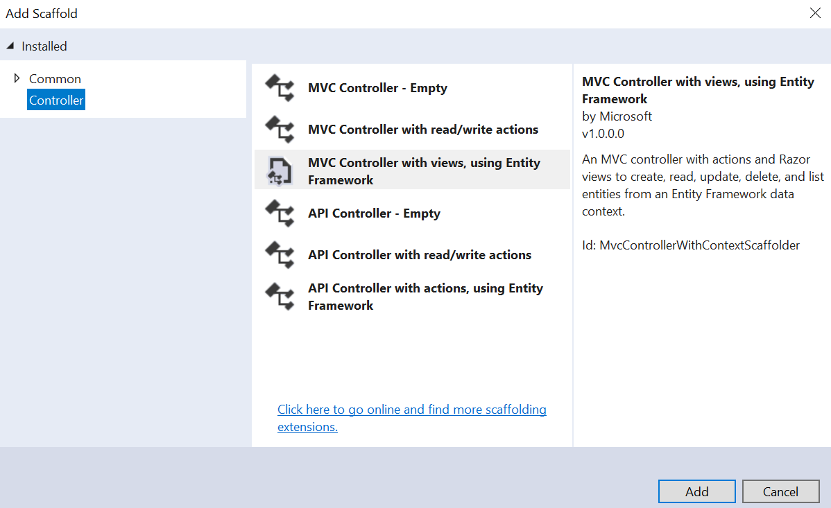 Adding MVC Controller with views