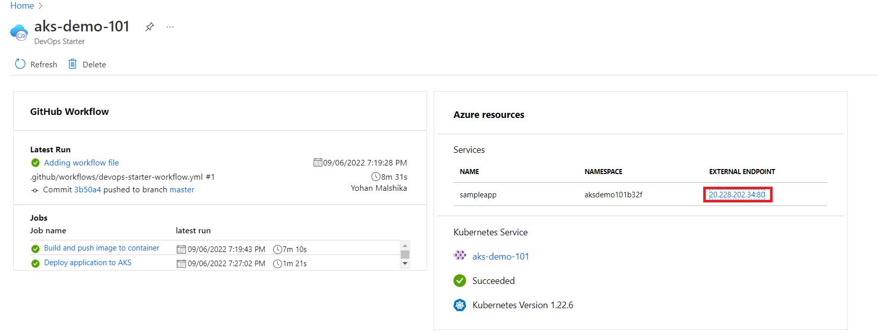 Azure portal displaying the Azure resources and the status of the GitHub workflow