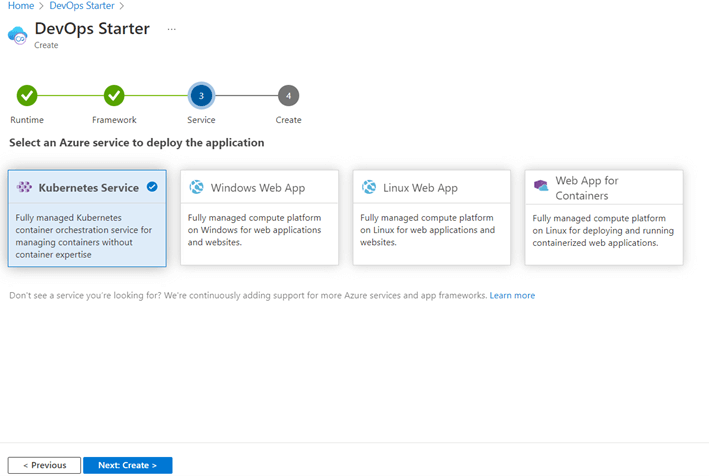 Choose Kubernetes as the Azure Service