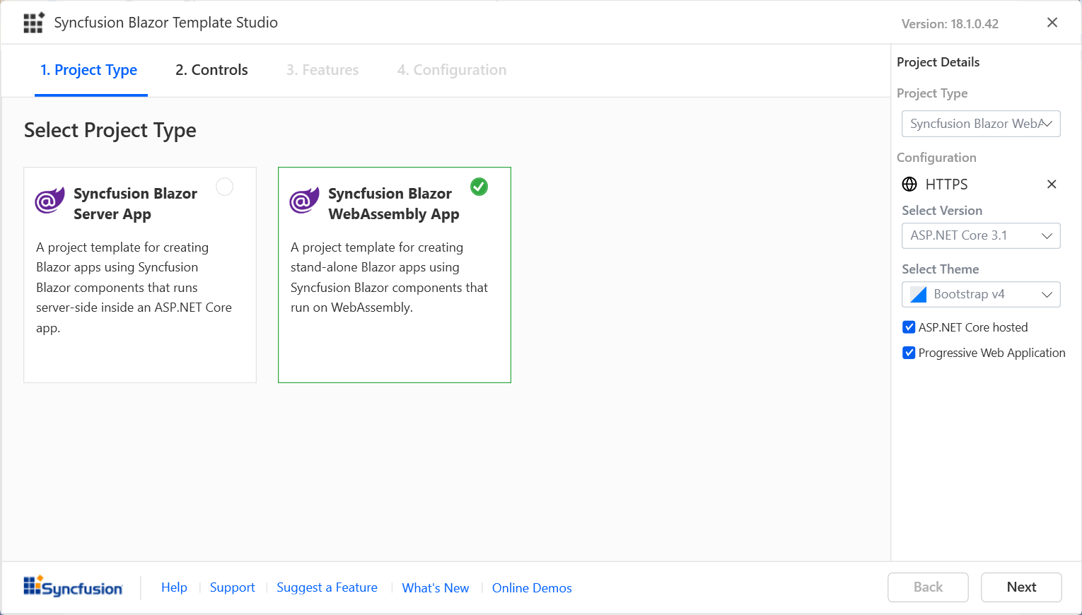 Syncfusion Blazor template Studio - Select project type