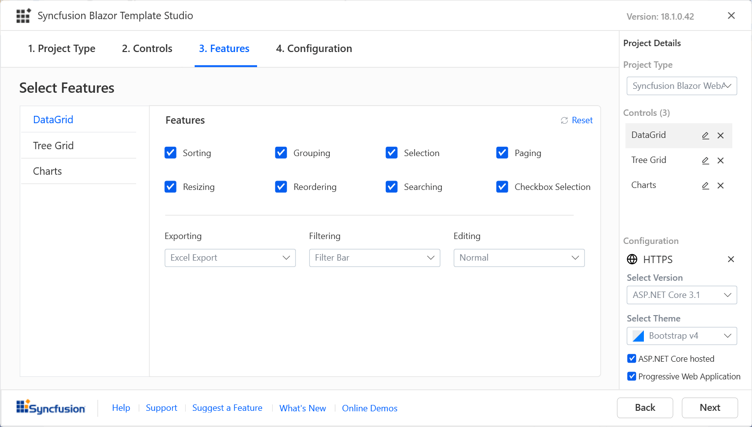 Syncfusion Blazor template Studio - Select features
