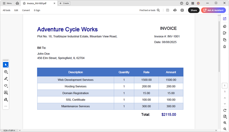 Business invoice document