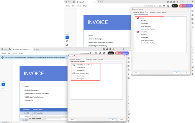 Embedded fonts in an existing PDF via PDFA conversion