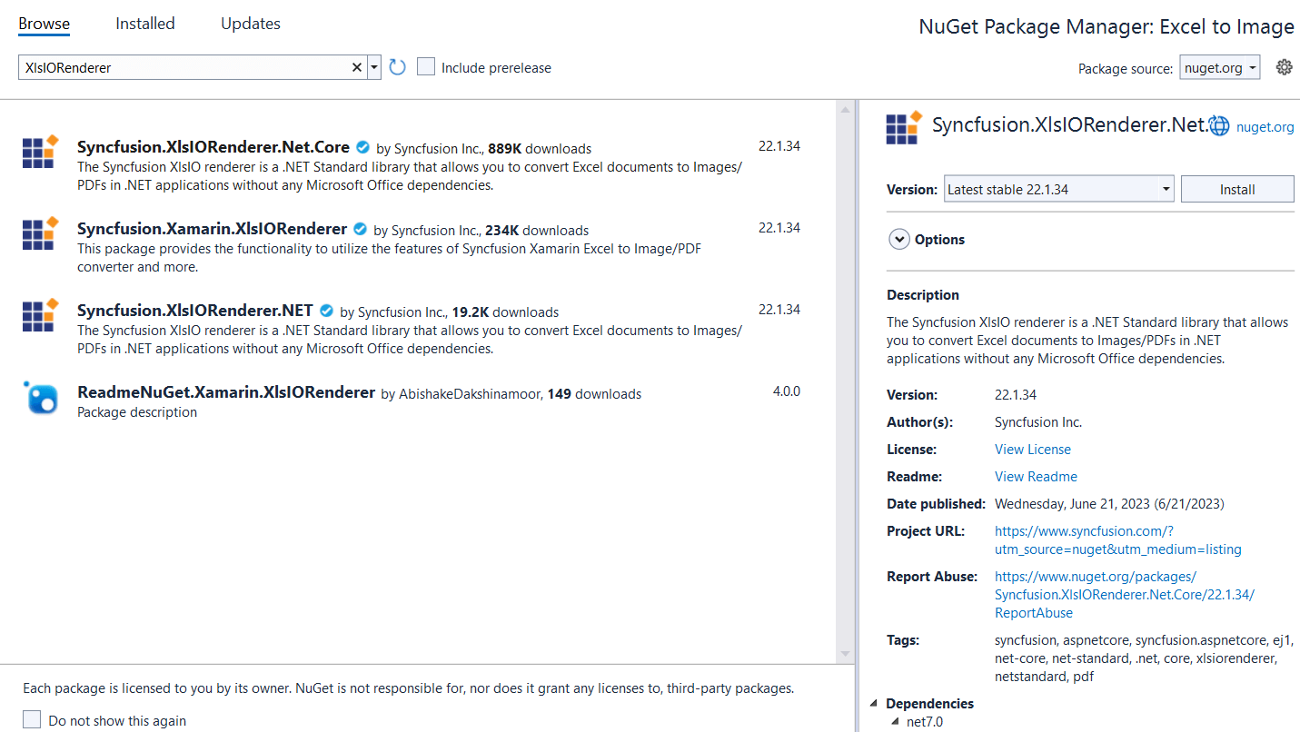 Install the Syncfusion.XlsIORenderer.Net.Core NuGet package