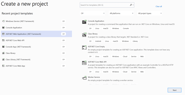 Create a new project dialog
