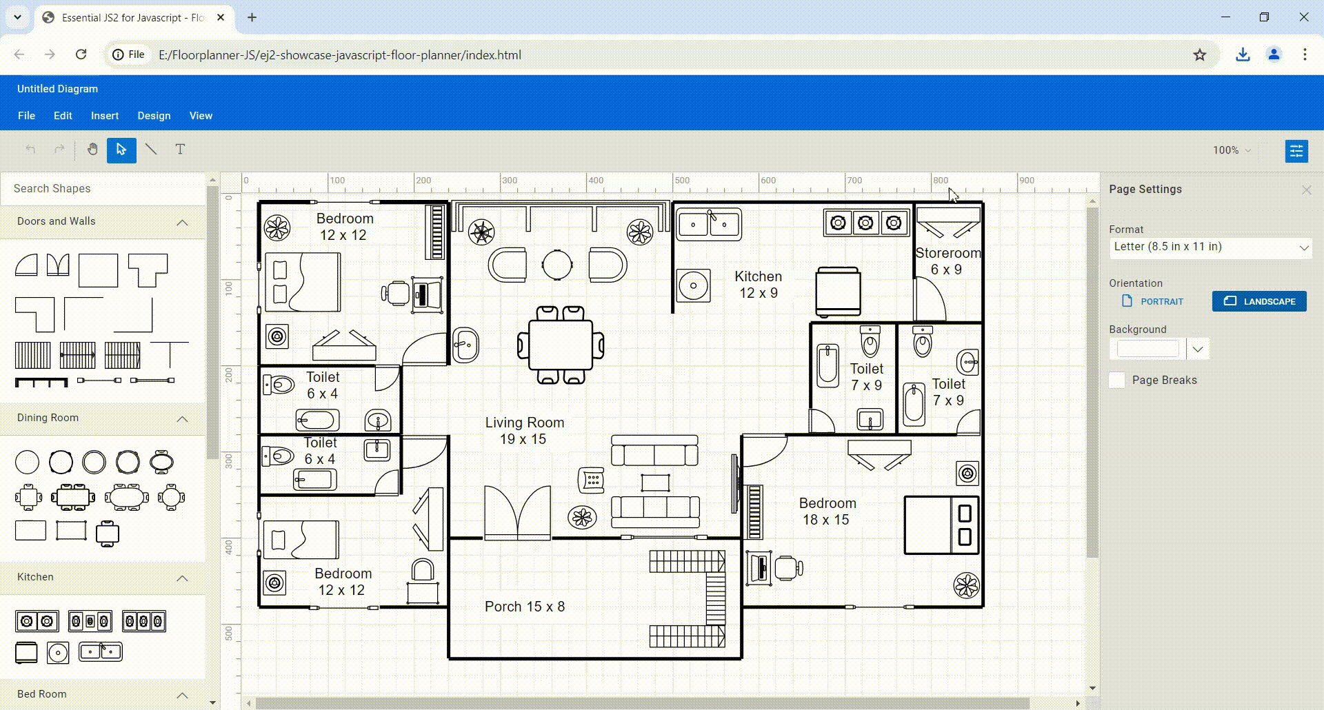 Loading and saving a floor planner diagram using the JavaScript Diagram library.