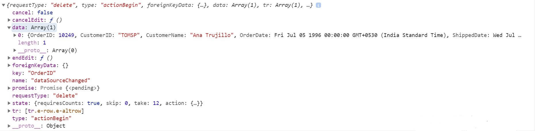 Delete request in React Data Grid