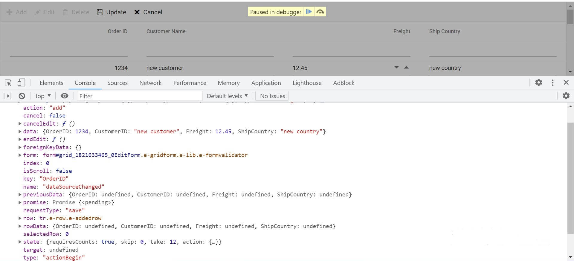 Insert request in React Data Grid