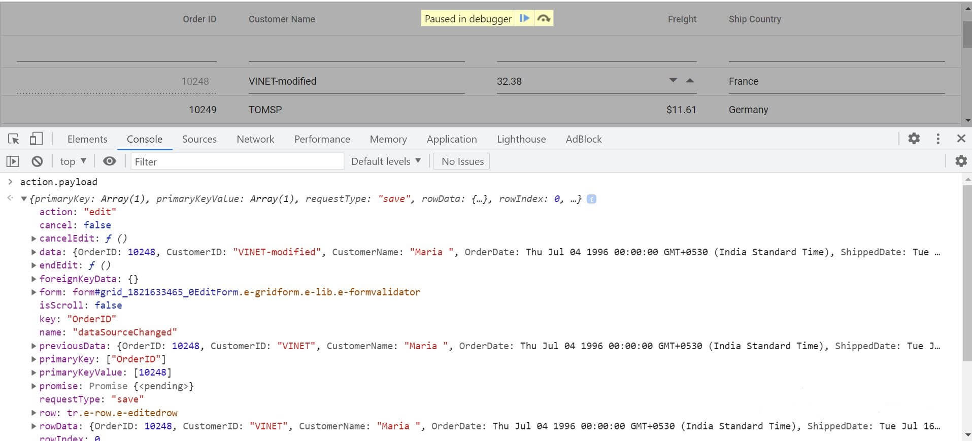 Update request in React Data Grid