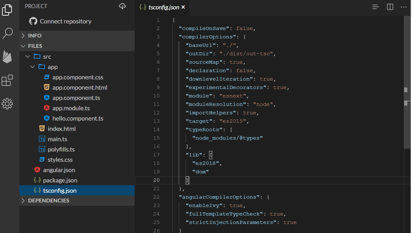 enableIvy set to true in tsconfig.json file