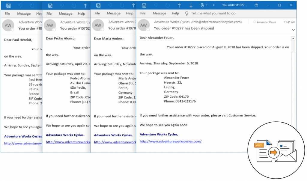 Email messages created by using Syncfusion mail merge API