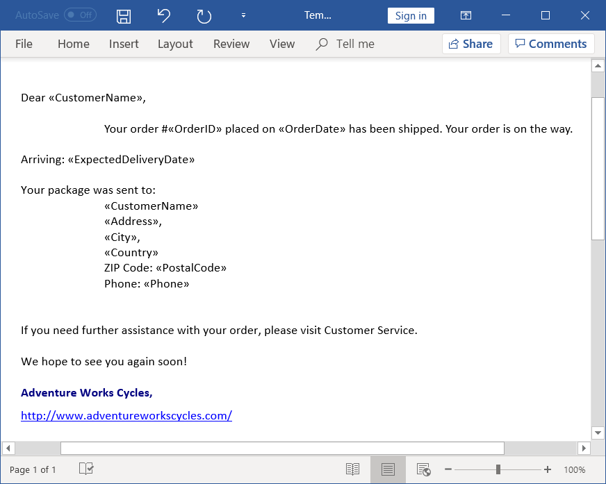 Template Word document to create Email messages