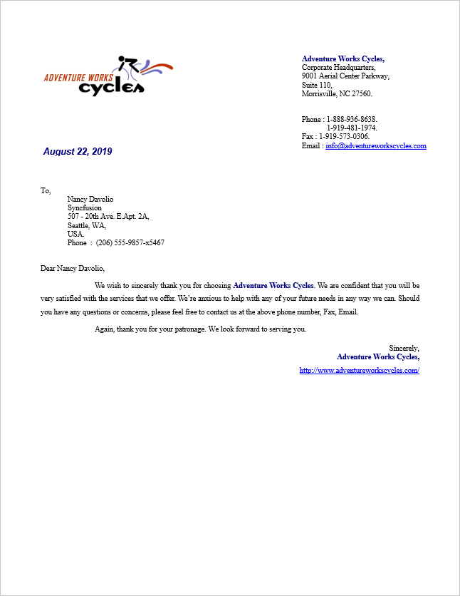 Personalized letter generated by using Syncfusion mail merge API