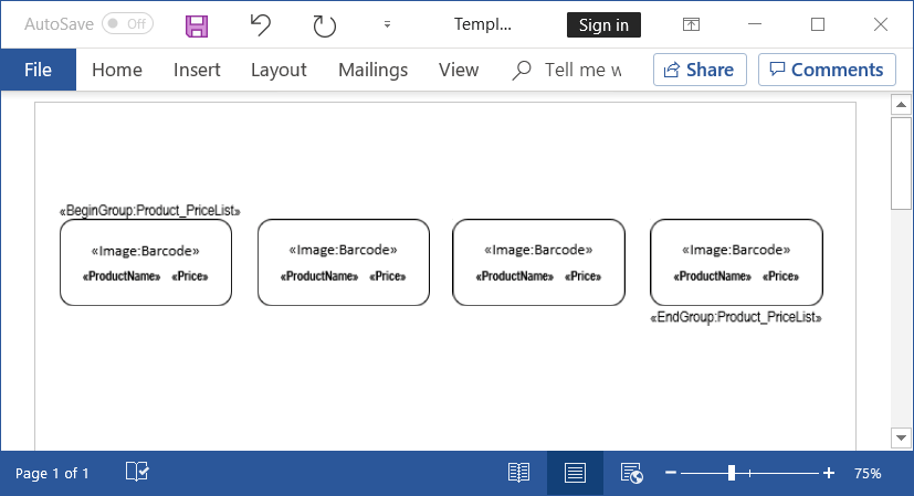 Template Word document to generate Barcode labels