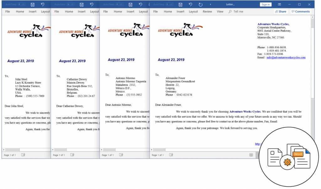 Personalized letters generated by using Syncfusion mail merge API