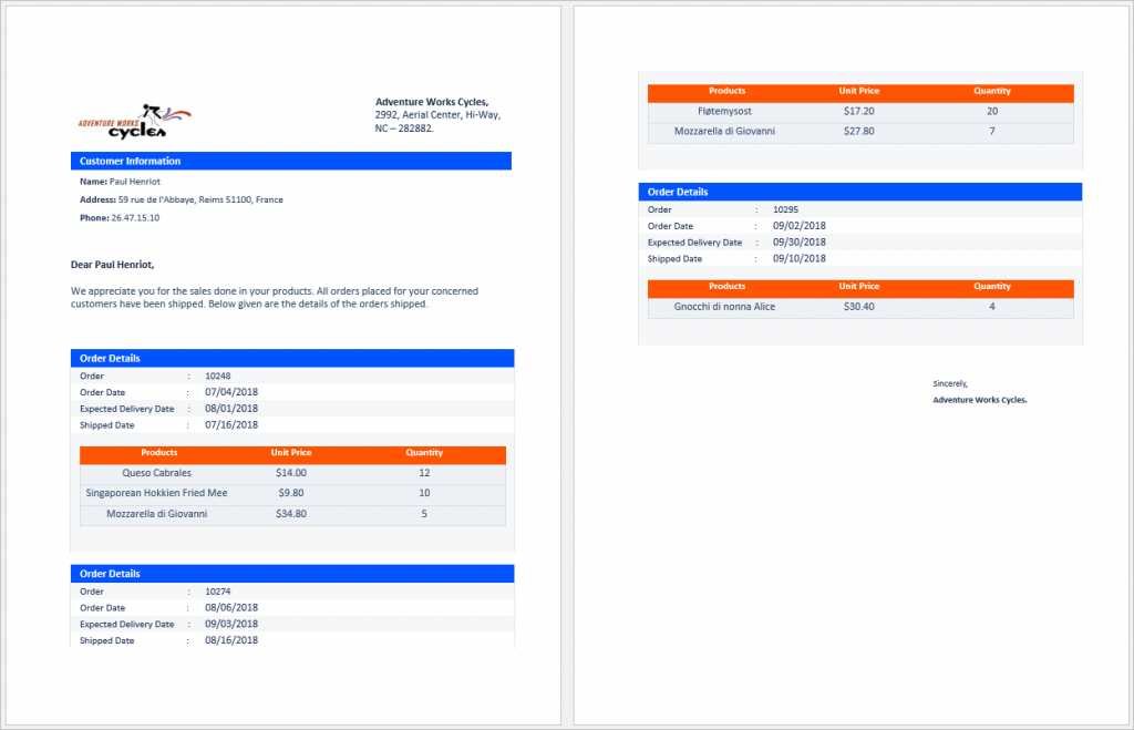 Order details of a customer generated by using Syncfusion mail merge API