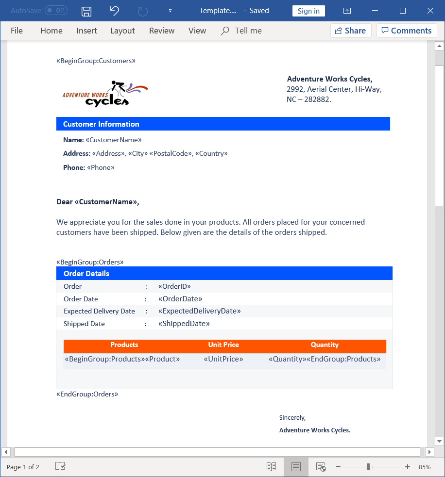 Template Word document to generate order details of a customer