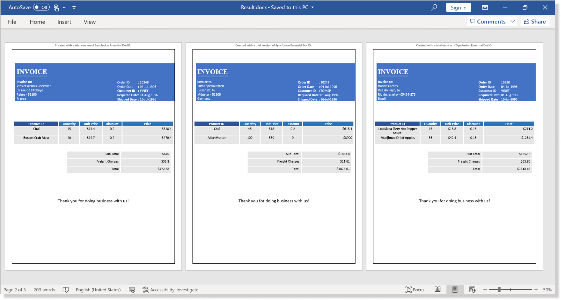 Generating an invoice for each record on a new page during a mail merge