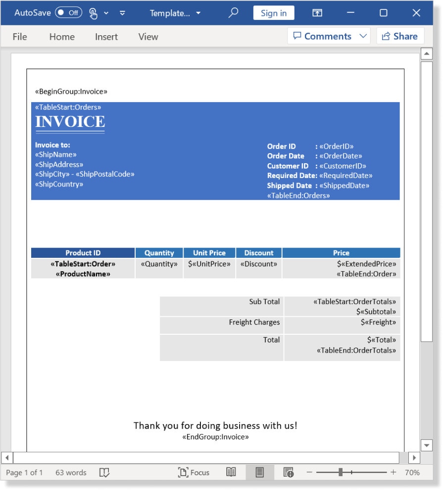 Invoice group present in the body of the template Word document