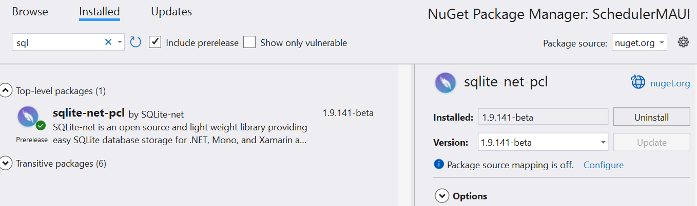 Install the sqlite-net-pcl package to connect with SQLite database