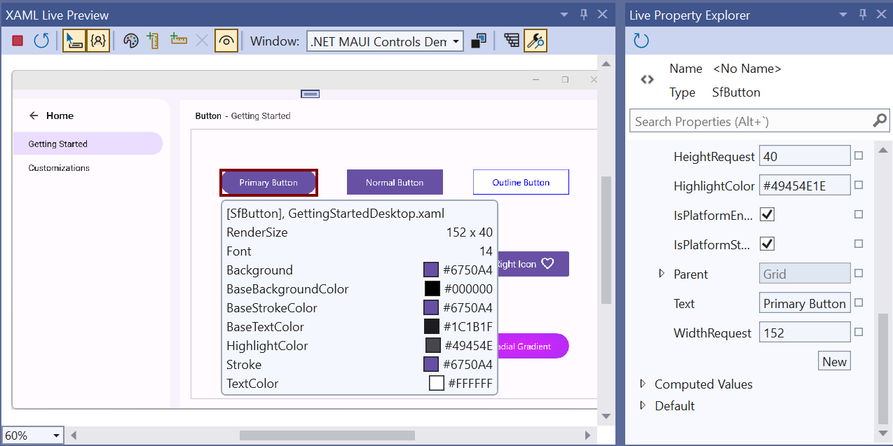 .NET MAUI Button control in the XAML Live Preview