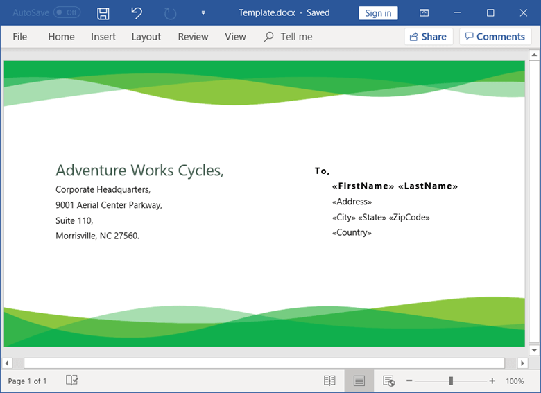 Designing a Word document template for an envelope