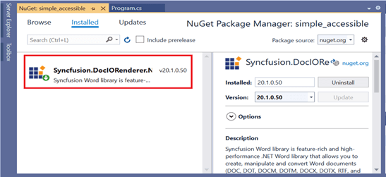 Install the Syncfusion.DocIORenderer.Net.Core NuGet package