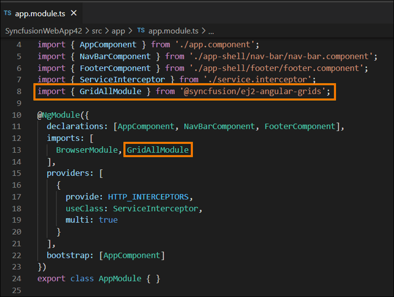 Add the required Angular component(s) module entries